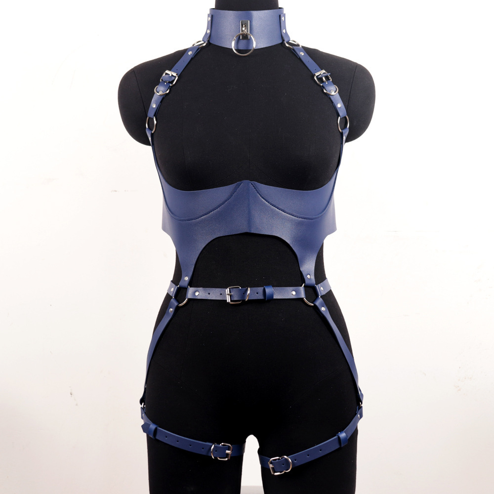 Garter Belt Set - 女性レザーハーネスセットセクシーなランジェリーボディボンデージストラップ胸ハーネスガーターベルトフルボディブルーゴシックサスペンダー