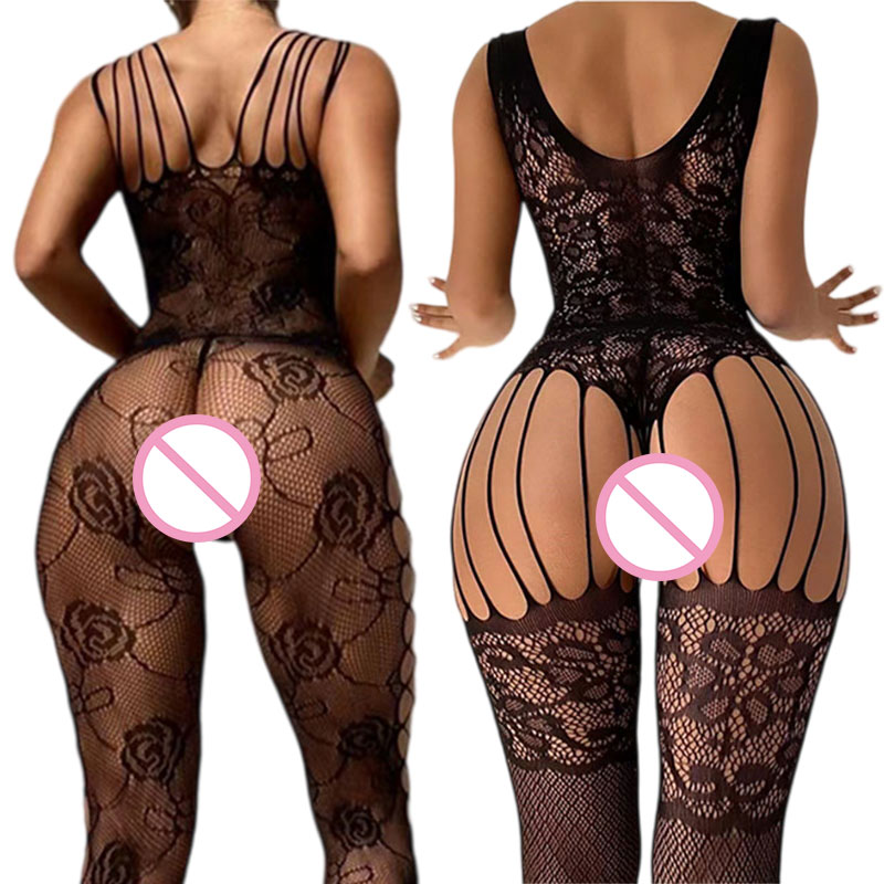 Bodystocking Fishnet - 黒クロッチレスソフトストレッチボディストッキングレース薄手のランジェリーナイトドレス女性性的な摩耗刺繍網タイツセクシーな下着