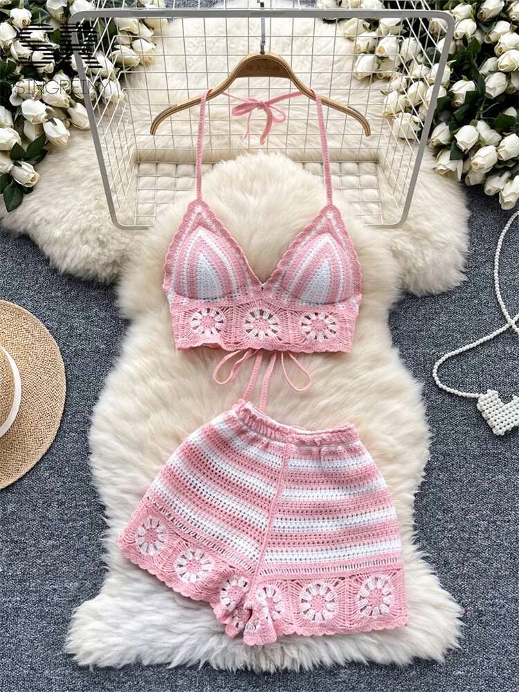 Cami Top Lace - ビーチバケーションニット2点セット レディース クロップトップ ホルターネック ノースリーブ レースアップ