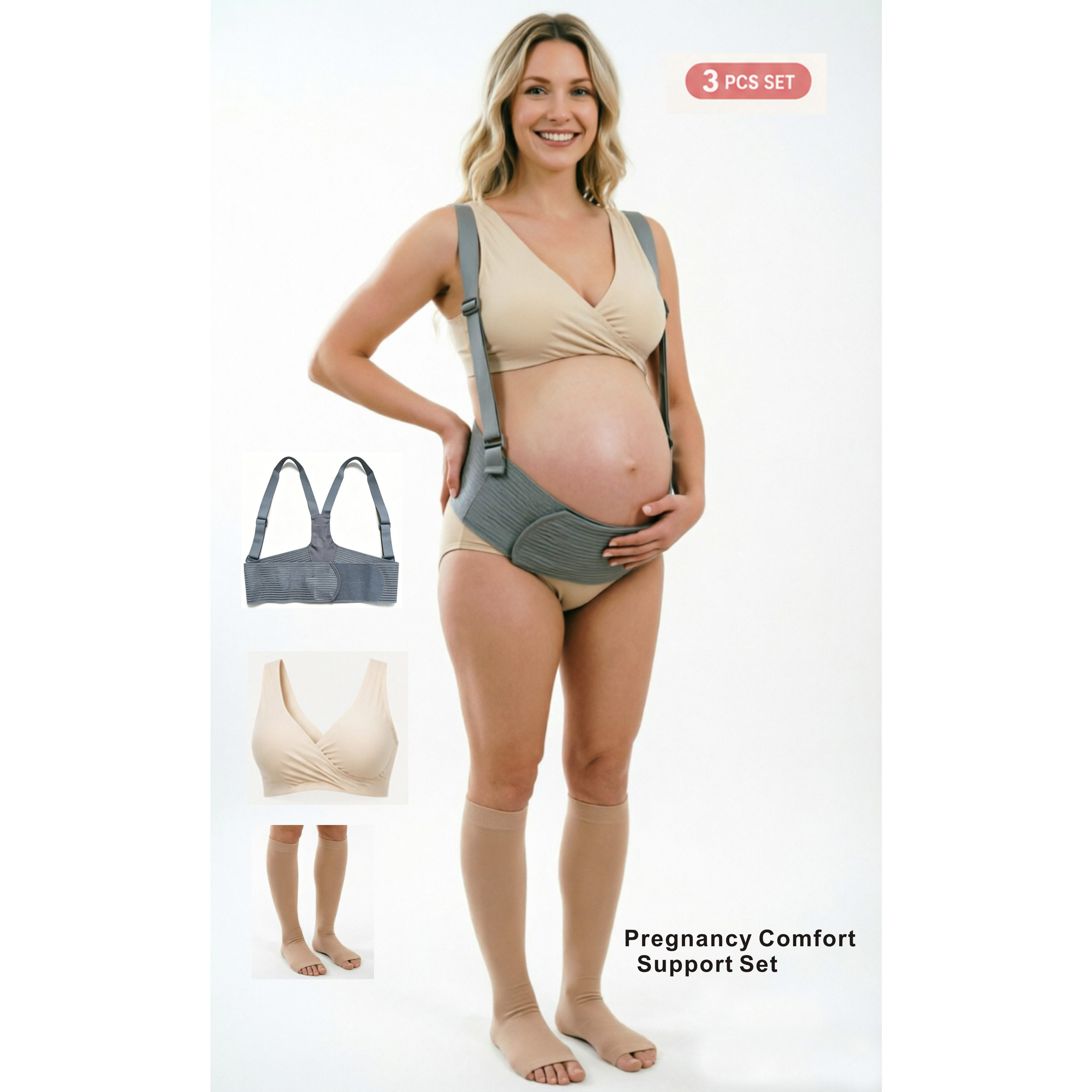 Nursing Bra Sleep - 3-in-1 マタニティエッセンシャルセット：マタニティサポートベルト＋オープントゥコンプレッションソックス＋コットンクロスオーバー授乳用スリープブラ