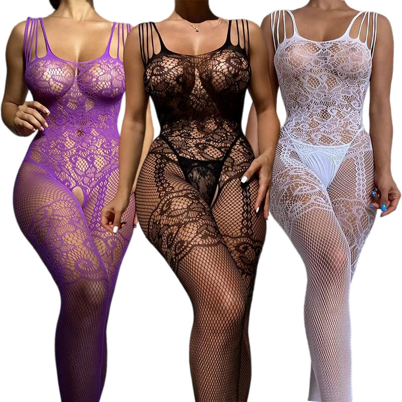 Bodystocking Fishnet - 女性用セクシーランジェリー、透明フルボディストッキング、ワンピースパジャマ、フィッシュネットブラ、ホットオープンクロッチ、エキゾチック下着セット