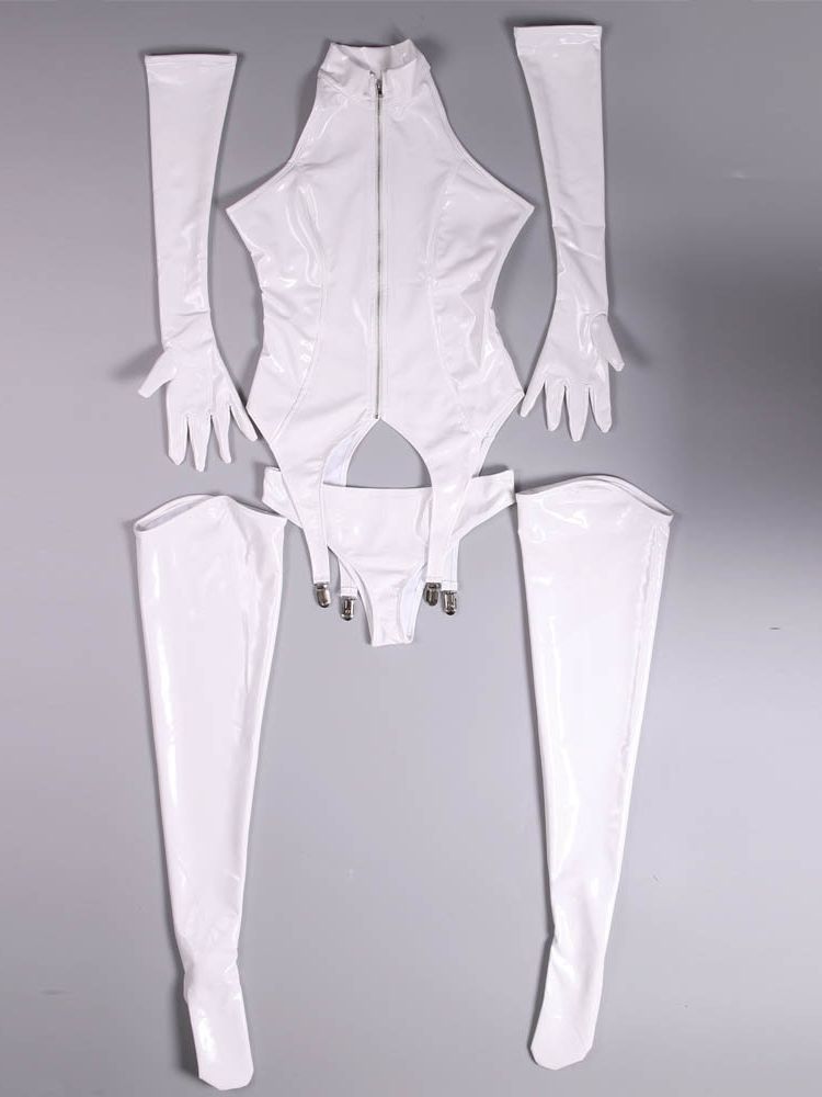 Garter Belt Set - 女性のための光沢のあるPUレザーグローブ,セクシーなボディスーツ,ウェットルック,PVC,光沢のある,コスプレスーツ,ガーターベルト,4ピース/セット
