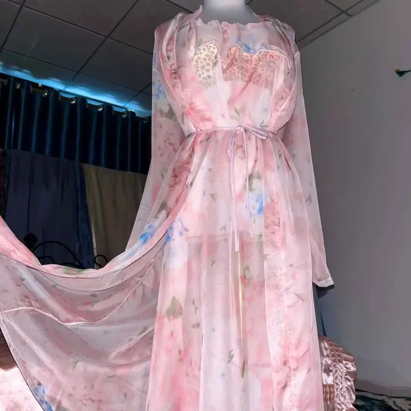 Robe Silk Women - ピンクシルクプリントシースルーサスペンダーナイトガウンセットフリルサスペンダードレスローブベルト付きシルキータッチ寝間着プラスサイズ
