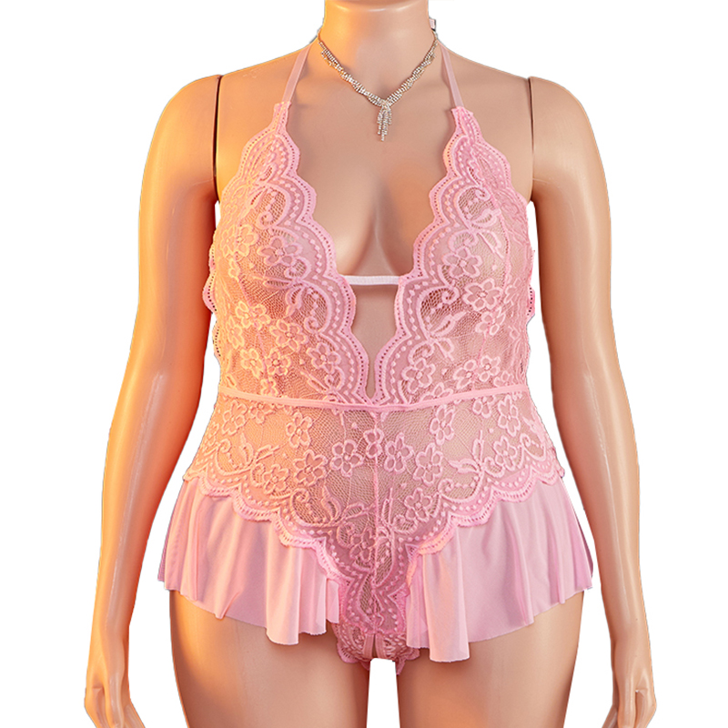 Lace Teddy Lingerie - プラスサイズ 1XL-4XL テディ風セクシーランジェリー レディース クロッチレス ディープV