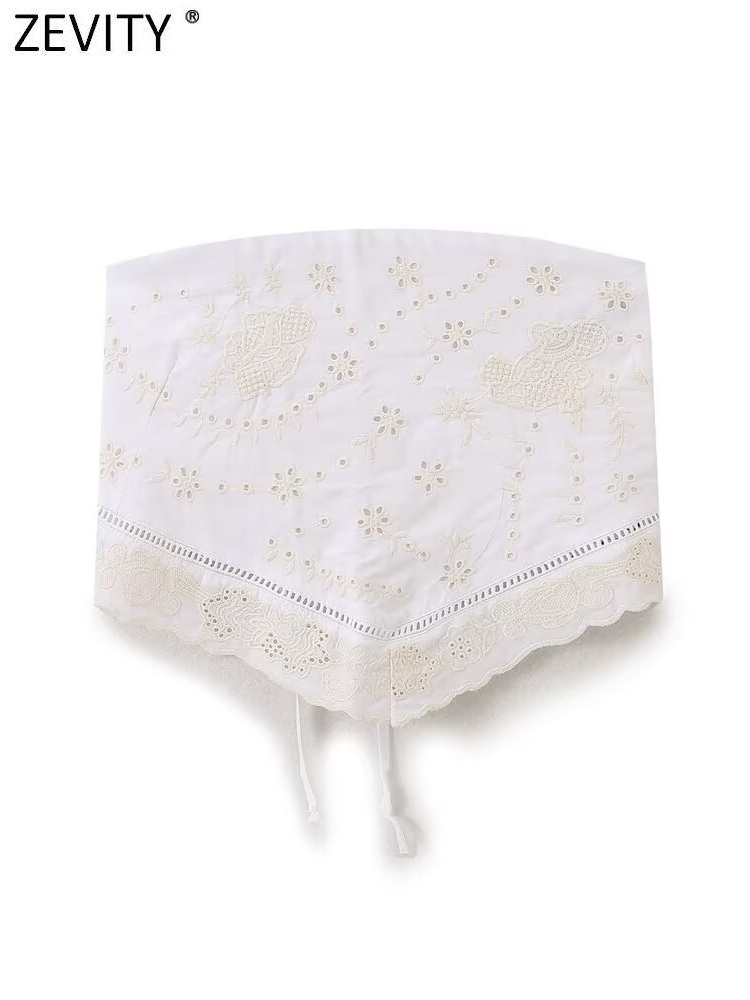 Strapless Bra Backless - Zevity-女性のためのストラップレス透かし彫りスモックブラウス,ホルタートップ,セクシーなショートトップ,刺embroidery,レースアップ,シック,ls6260