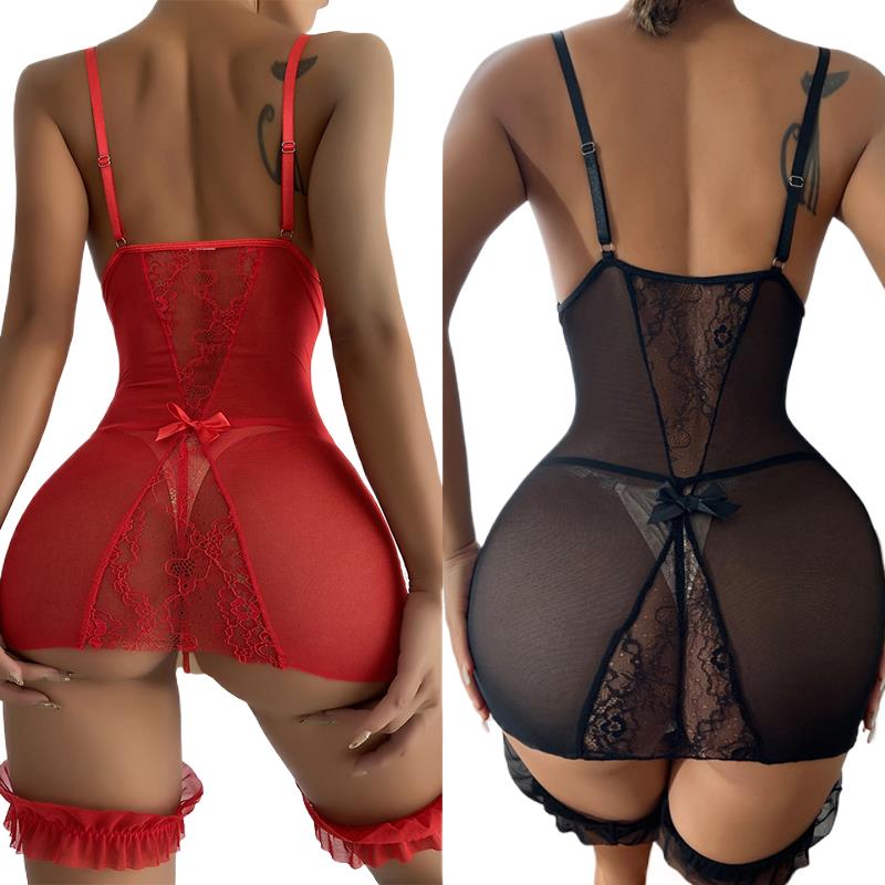 Babydoll Chemise Night - 女性のための透明なVネックストラップレスナイトドレス,ひもセット,セクシーな赤いレースのランジェリー,ベビードールのセクシーな衣装