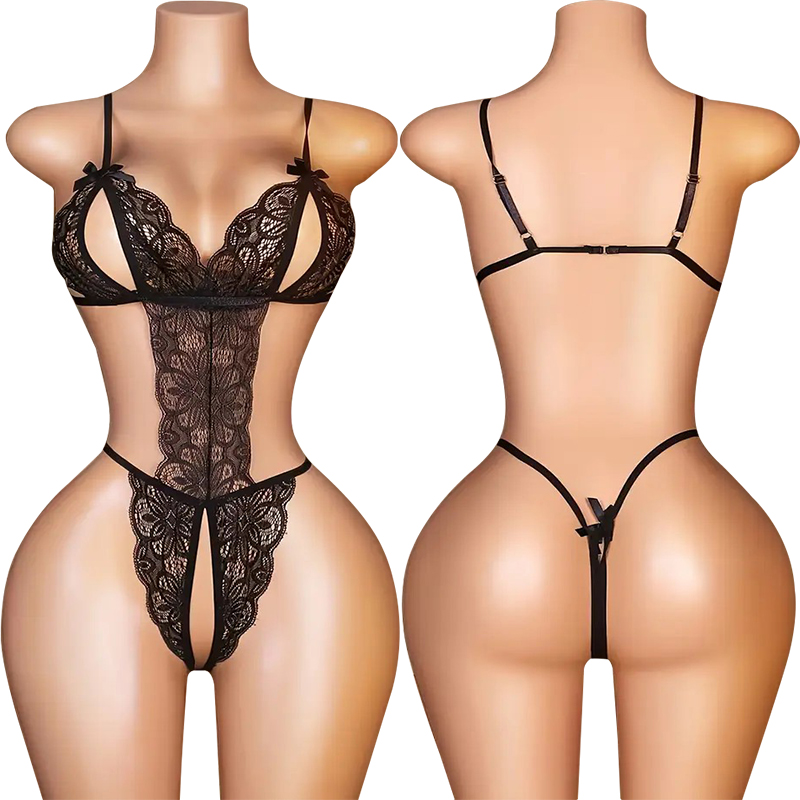 Lace Teddy Lingerie - ワンピースセクシーなクロッチレスランジェリー女性用レースボウホローアンダーウェアセットエロティックコスチュームディープVオープンブラテディランジェリーセット