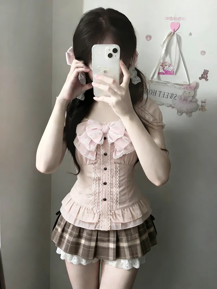 Cami Top Lace - 日本の可愛い3点セット レディース レースボウブラウス+キャミソール+チェック柄フリルミニスカート Y2K ヴィンテージ カワイイ
