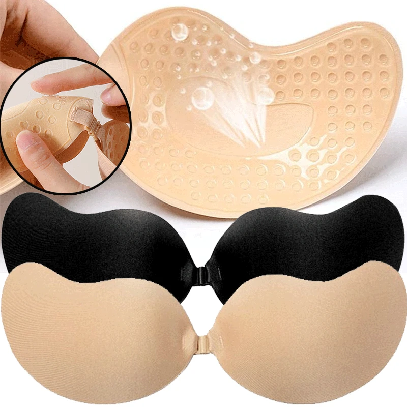 Push Up Bra Padded - 再利用可能な粘着式ニップルカバー A～Dカップ、シリコンパッド入りプッシュアップストラップレスブラ、ウェディングドレス用粘着式ランジェリー