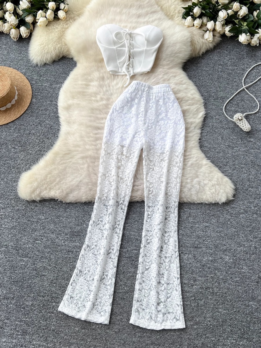 Cami Top Lace - Foamlina アメリカ Ins 女性のセクシーなストラップノースリーブチューブトップタイトベストキャミソール + ハイウエストヒップラップレーススラックスズボンパンツ