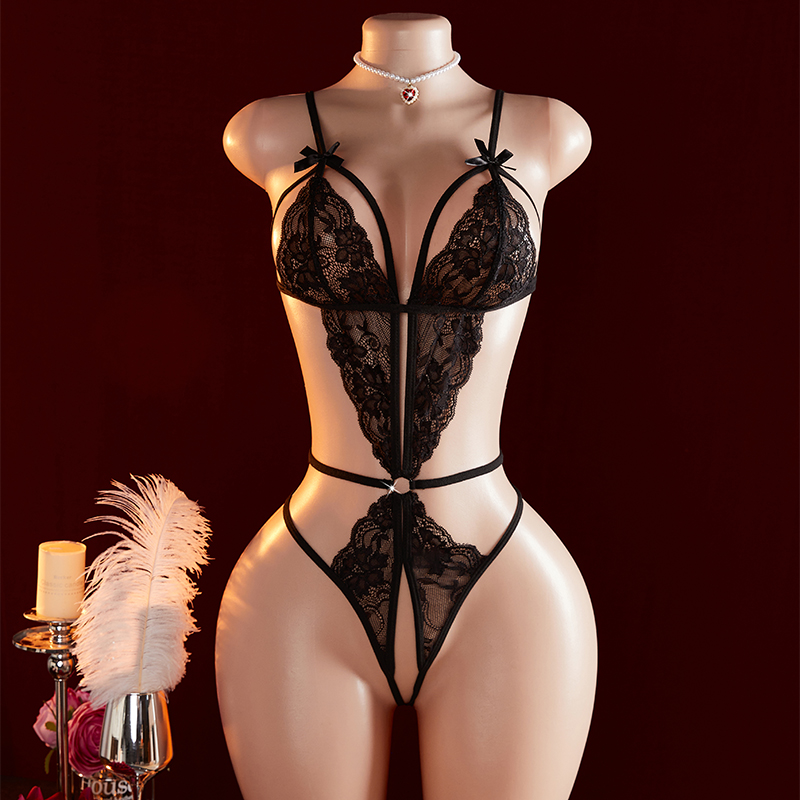 透明なセクシーなワンピース中空黒レースランジェリー誘惑エキゾ - Lace Teddy Lingerie のレビューと価格