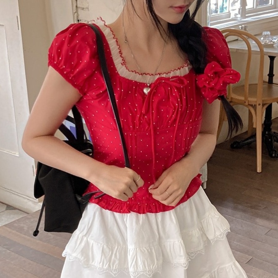 夏らしい甘いバブルスリーブ、水玉模様のベルト付きレディースレ - Corset Waist Cinch のレビューと価格
