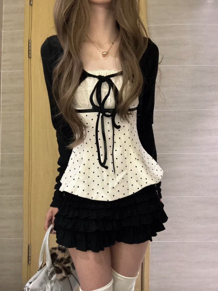 韓国ファッション 水玉模様 レース 蝶結び 3点セット レデ - Cami Top Lace のレビューと価格