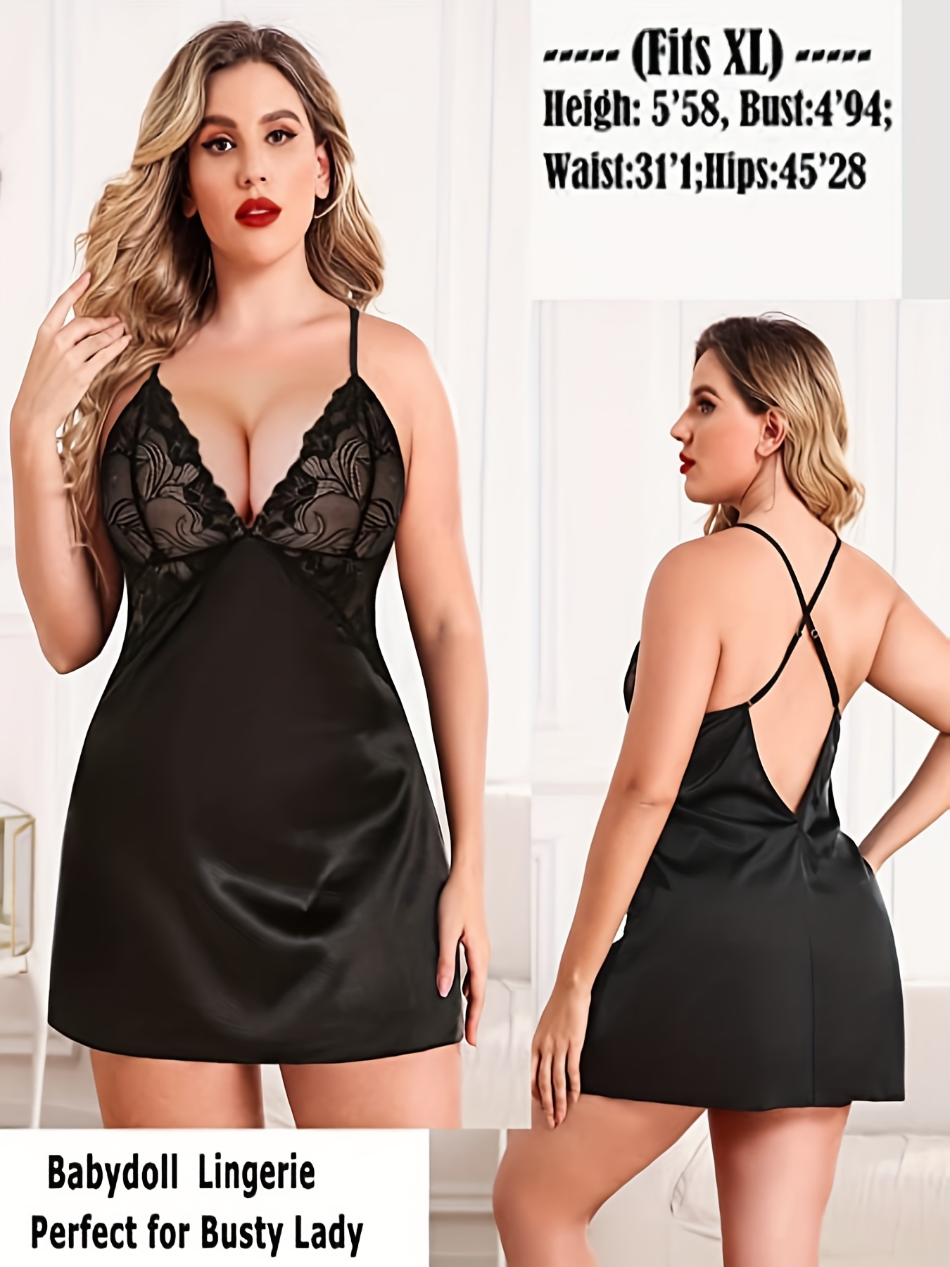 女性用高級光沢サテンナイトドレス、花柄レース、深いVネック、 - Babydoll Chemise Night のレビューと価格
