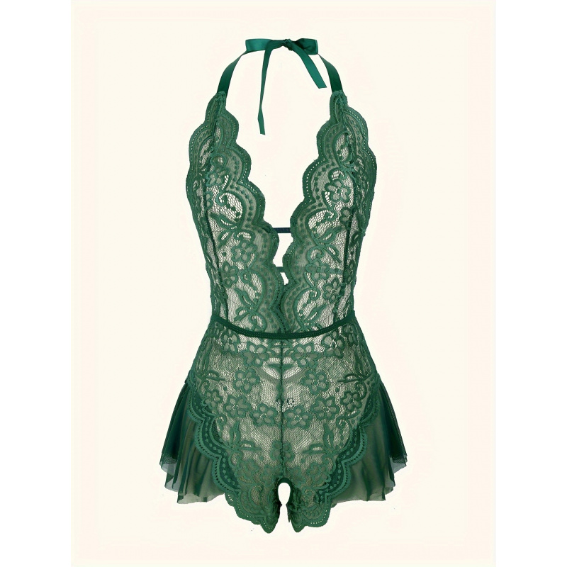 魅力的なレースメッシュテディ、スカラップトリムディープVオー - Lace Teddy Lingerie のレビューと価格