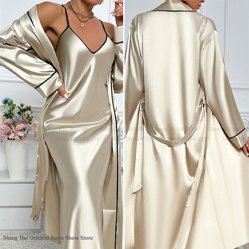 セクシーなロングツインセットローブセットシュミーズネグリジェ - Robe Silk Women のレビューと価格