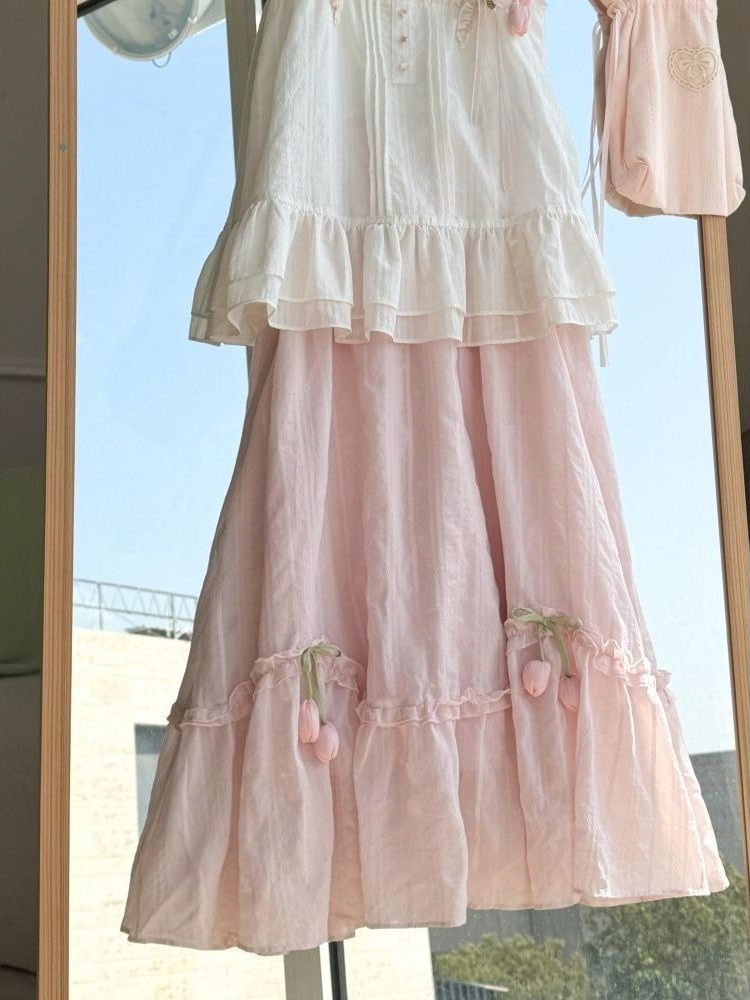 甘いかわいいフリルトリムチューリップ装飾ツーピースセット女性 - Cami Top Lace のレビューと価格