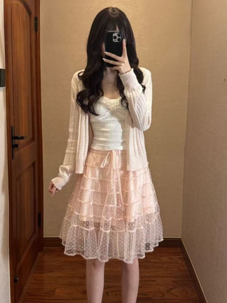 韓国ファッション スリムフィット ホワイトレースボウ ロング - Cami Top Lace のレビューと価格